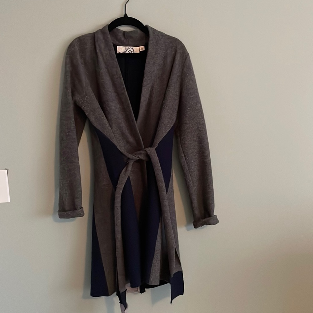 Anthropologie wool mid length open cardigan, size XS. Navy blue/grey w/sash